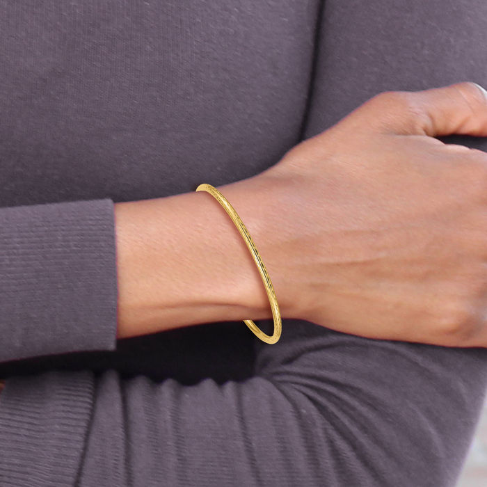 10K Solid Yellow Gold 3mm Tube Slip On Bangle Bracelet