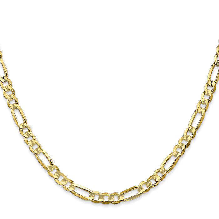 10K Solid Yellow Gold 4.5mm Concave Figaro Link Chain Necklace