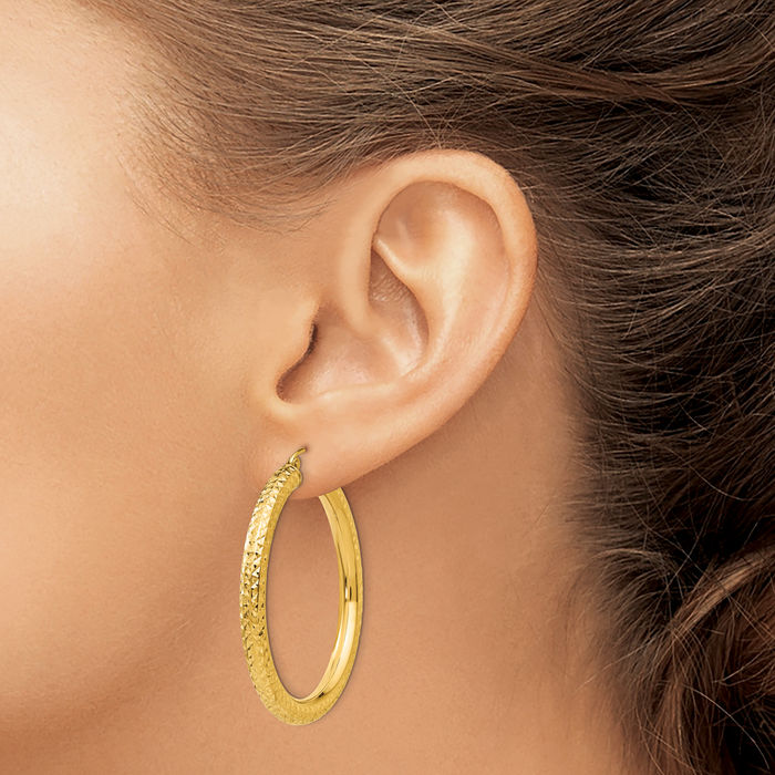 10K Solid Yellow Gold 4mm Round Large Hoop Earrings