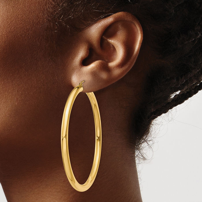 10K Solid Yellow Gold 4mm Tube Round Large Hoop Earrings