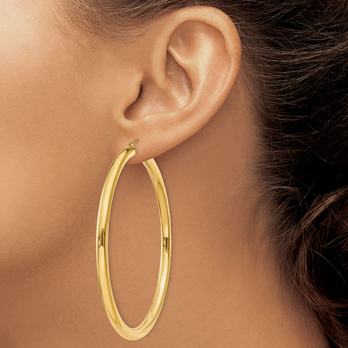 10K Solid Yellow Gold 4mm Tube Round Large Hoop Earrings