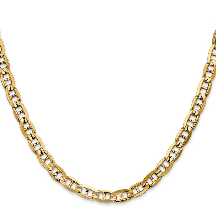 10K Solid Yellow Gold 5.25mm Concave Anchor Mariner Link Chain Necklace