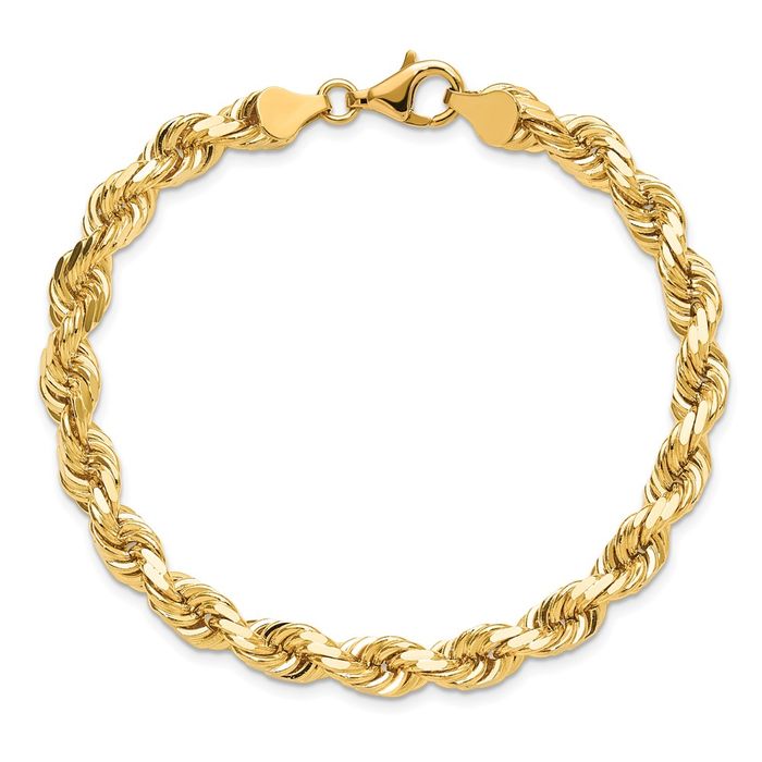 10K Solid Yellow Gold 6.5mm Rope Chain Bracelet