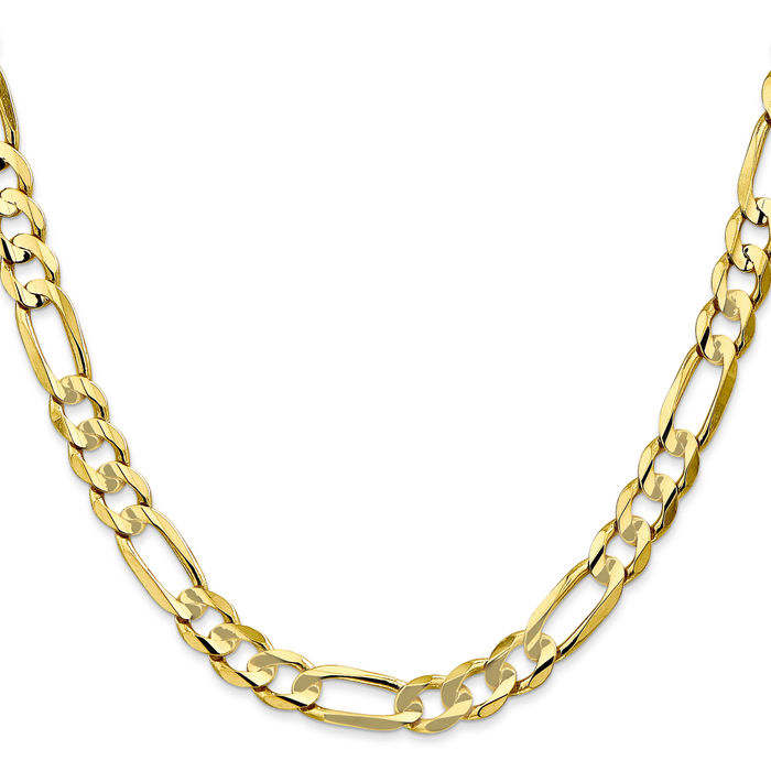 10K Solid Yellow Gold 6.75mm Concave Figaro Link Chain Necklace