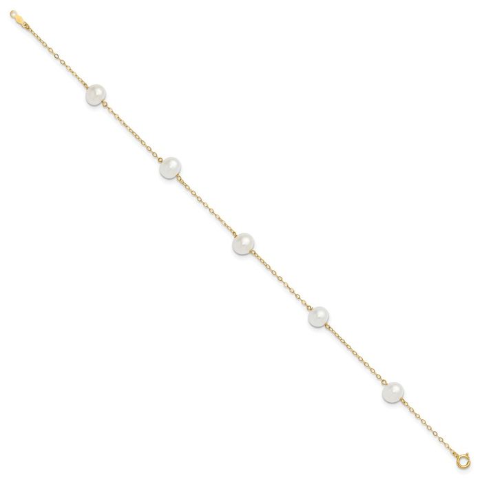 10K Solid Yellow Gold 7mm White Near Round Freshwater Cultured Pearl 5 Station Anklet Summer Beach Foot Ankle Bracelet