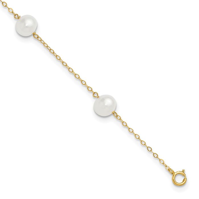 10K Solid Yellow Gold 7mm White Near Round Freshwater Cultured Pearl 5 Station Anklet Summer Beach Foot Ankle Bracelet