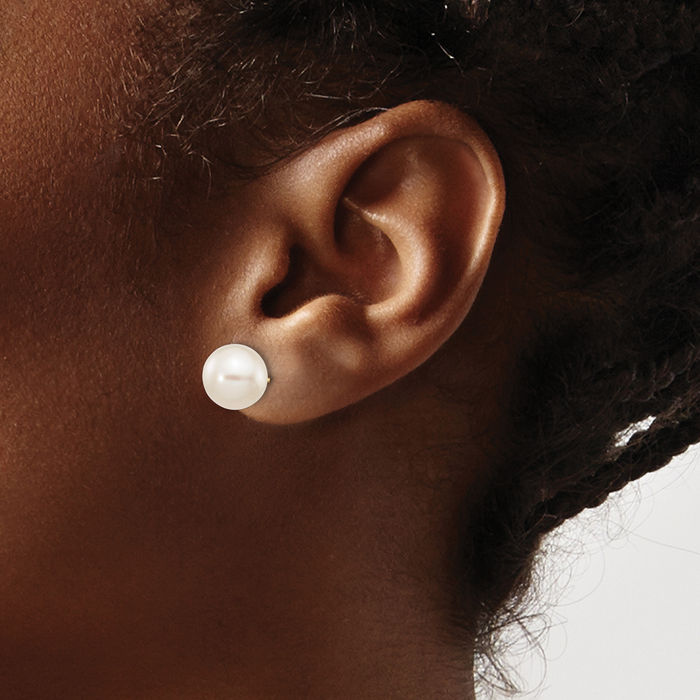 10K Solid Yellow Gold 9mm White Round Freshwater Cultured Pearl Stud Earrings