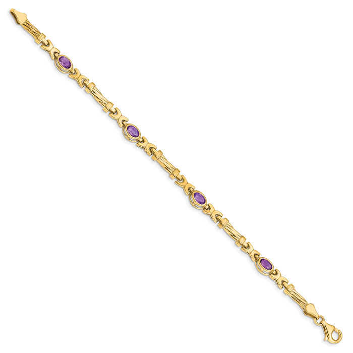 10K Solid Yellow Gold Purple Amethyst 4 Stone Chain Gemstone Tennis Bracelet