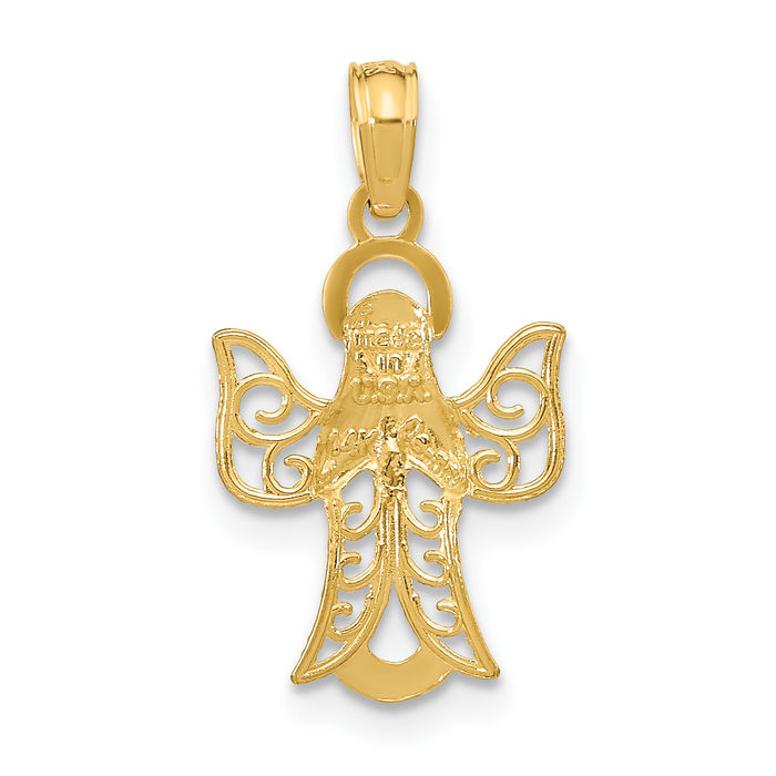 10K Solid Yellow Gold Guardian Angel Antique Filigree Wings Necklace Protect Us Cherub Pendant Religious Charm