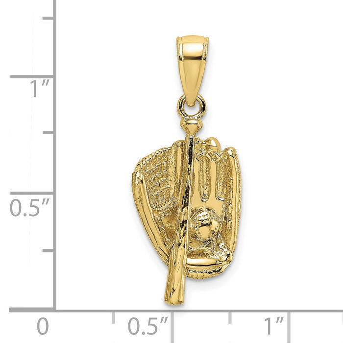 10K Solid Yellow Gold Baseball Glove Bat Ball Necklace Softball Charm Sports Pendant