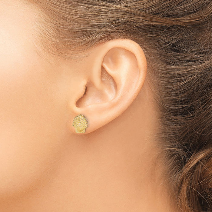 10K Solid Yellow Gold Beaded Scallop Shell Stud Earrings