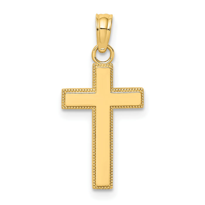 10K Solid Yellow Gold Block Beaded Edge Latin Cross Necklace