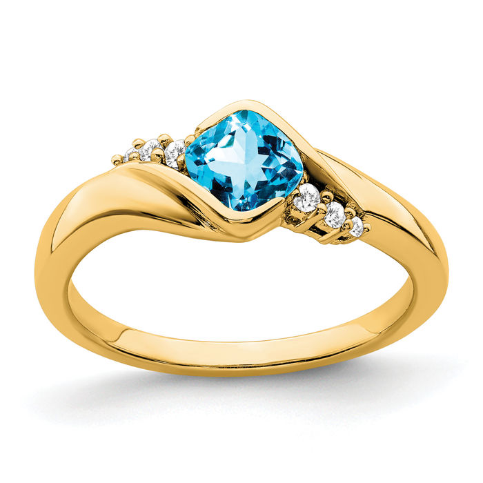 10K Solid Yellow Gold Swiss Blue Topaz Diamond Ring