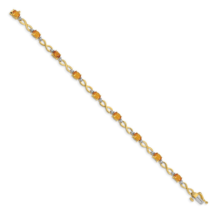 10K Solid Yellow Gold Orange Citrine Diamond Infinity Twisted Love Knot Symbol Chain Bracelet