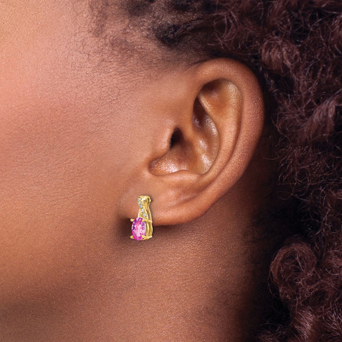 10K Solid Yellow Gold Lab Pink Sapphire Diamond Drop Dangle Earrings October Birthstone Jewelry