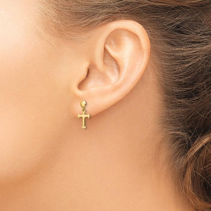 10K Solid Yellow Gold Holy Cross Post Christian Religious Drop Dangle Earrings