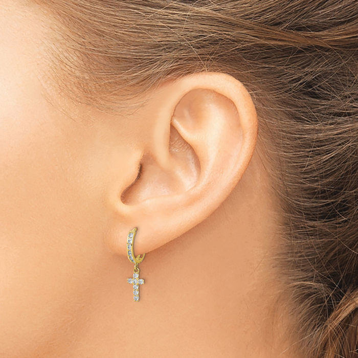 10K Solid Yellow Gold Cubic Zirconia CZ Holy Cross Medium Huggie Hoop Christian Religious Drop Dangle Earrings