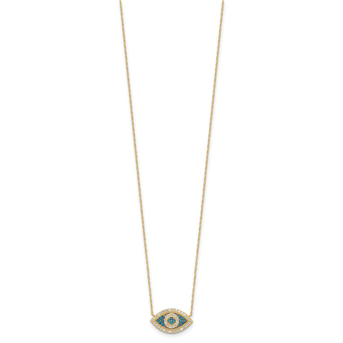 10K Solid Yellow Gold Cubic Zirconia CZ Hamsa Hand of Fatima Evil Eye Protection Good Luck Blue Necklace Chain