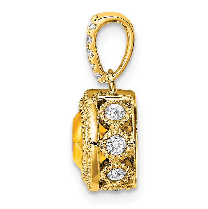 10K Solid Yellow Gold Cushion-Cut Orange Citrine Diamond Necklace Charm Gemstone Pendant