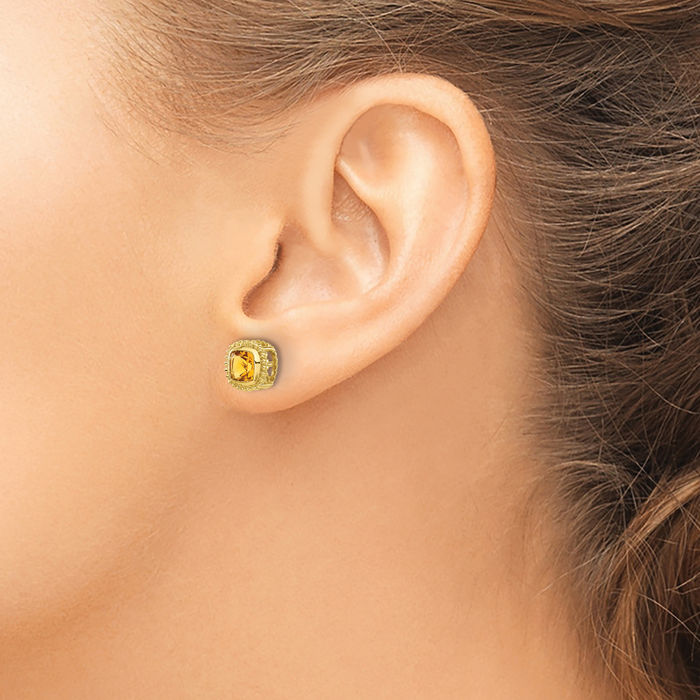 10K Solid Yellow Gold Cushion-Cut Orange Citrine Stud Earrings November Birthstone Jewelry