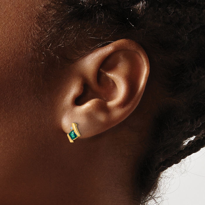 10K Solid Yellow Gold Cushion-Cut Lab Alexandrite Diamond Studs Gemstone Earrings