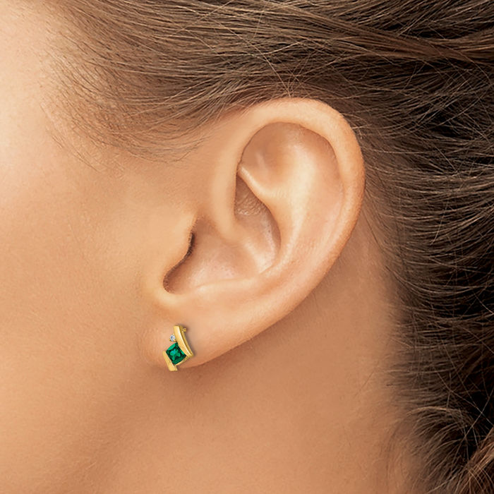 10K Solid Yellow Gold Cushion-Cut Lab Green Emerald Diamond Studs Gemstone Earrings