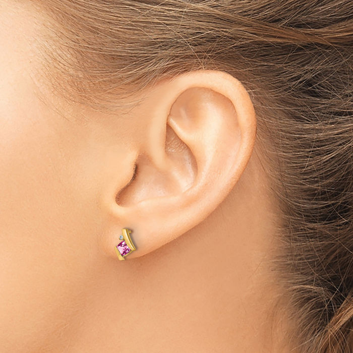 10K Solid Yellow Gold Cushion-Cut Lab Pink Sapphire Diamond Studs Gemstone Earrings