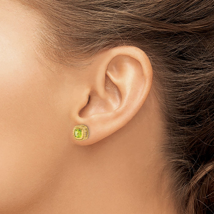 10K Solid Yellow Gold Cushion-Cut Green Peridot Stud Earrings August Birthstone Jewelry