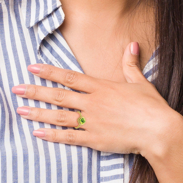 10K Solid Yellow Gold Cushion-Cut Green Peridot Ring Gemstone Band