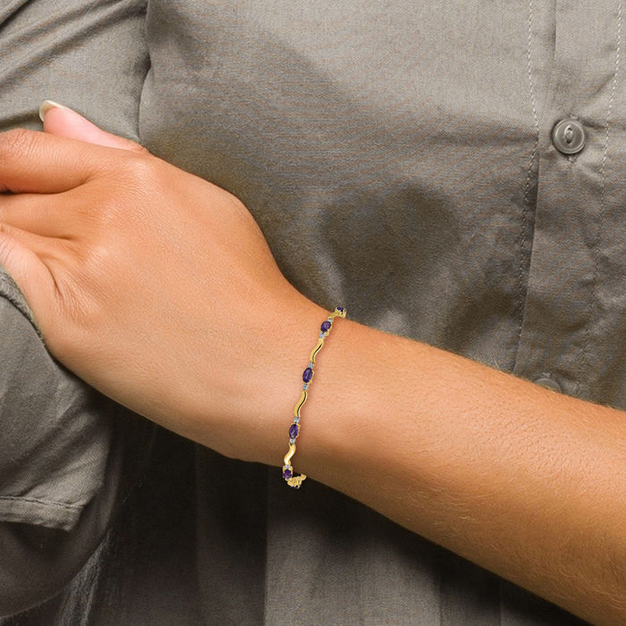 10K Solid Yellow Gold Diamond Purple Amethyst Chain Gemstone Tennis Bracelet