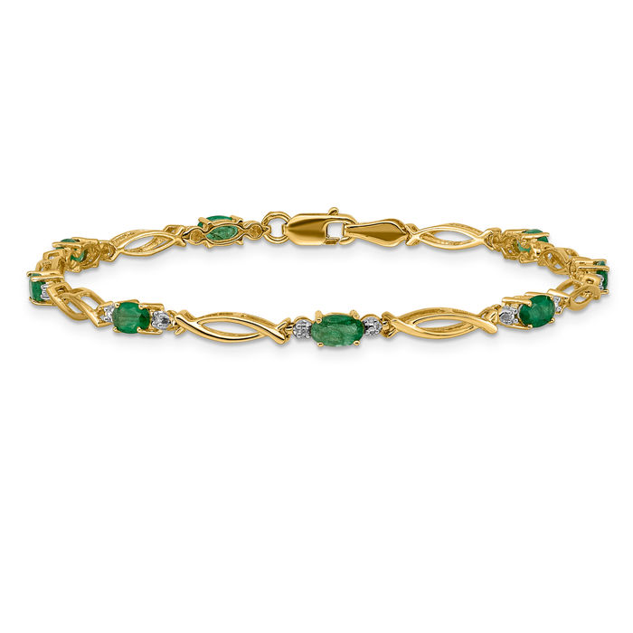10K Solid Yellow Gold Diamond Emerald Tennis Bracelet - Picture 9 of 12