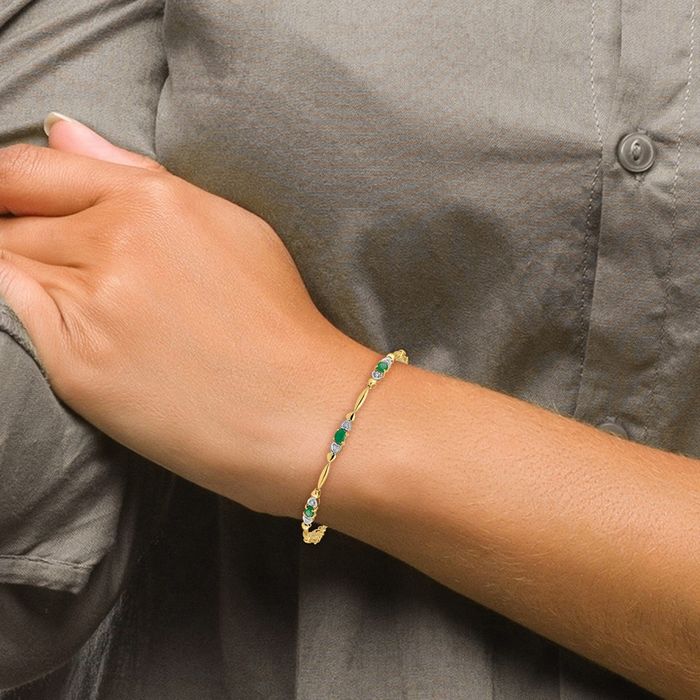 10K Solid Yellow Gold Diamond Green Emerald Chain Gemstone Tennis Bracelet