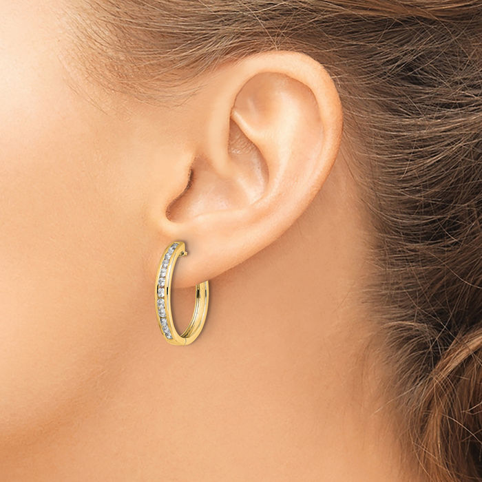 10K Solid Yellow Gold Diamond Round Small Hoop Earrings