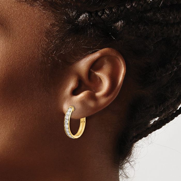 10K Solid Yellow Gold Diamond Round Medium Hoop Earrings