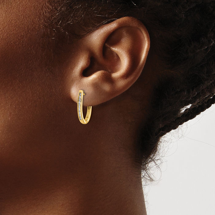 10K Solid Yellow Gold Diamond Oval Small Hoop Earrings