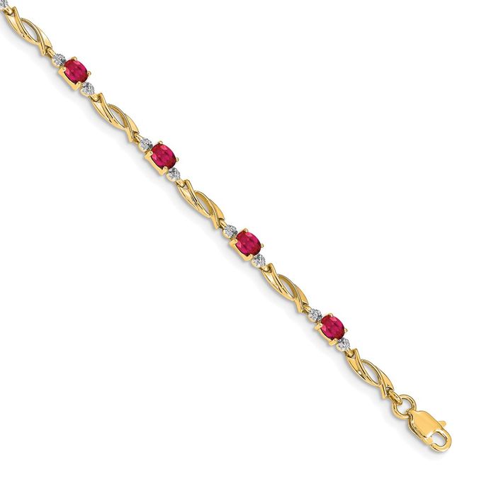 10K Solid Yellow Gold Diamond Oval Ruby Tennis Bracelet - Picture 7 of 12