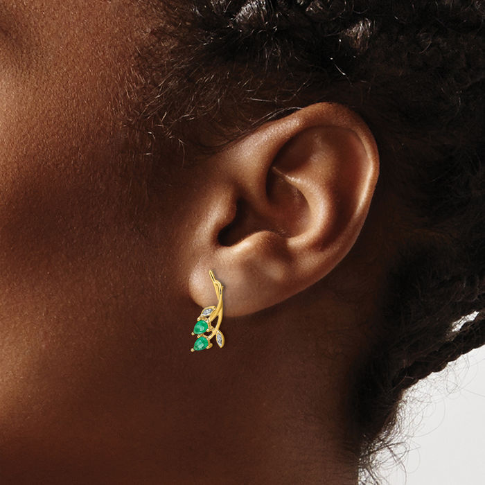 10K Solid Yellow Gold Leaf Diamond Green Emerald Flower Drop Dangle Earrings Pear Teardrop Gemstone May Birthstone Jewelry