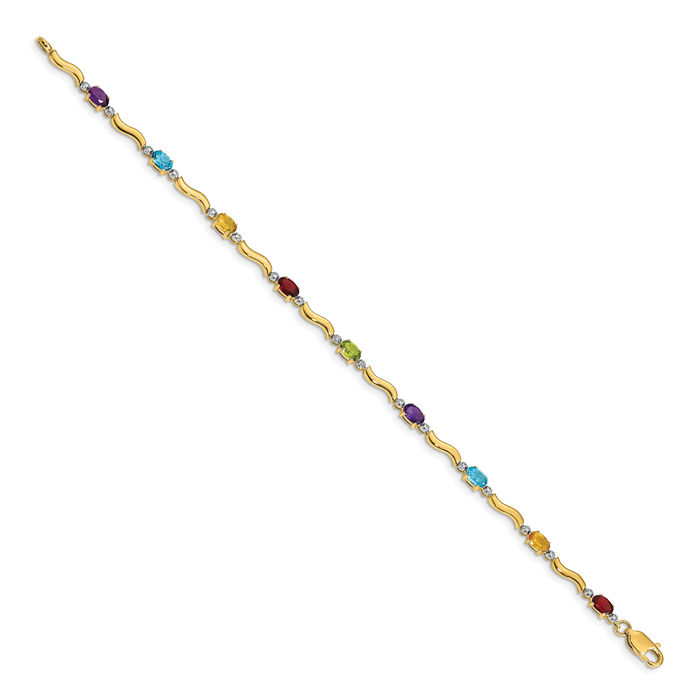 10K Solid Yellow Gold Diamond Rainbow Multi-color Gemstone Tennis Bracelet