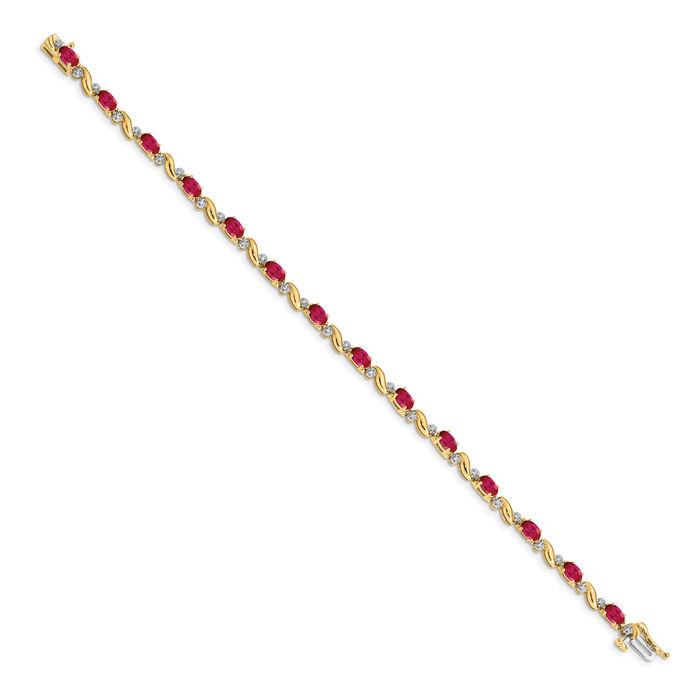 10K Solid Yellow Gold Diamond Red Ruby Chain Gemstone Tennis Bracelet