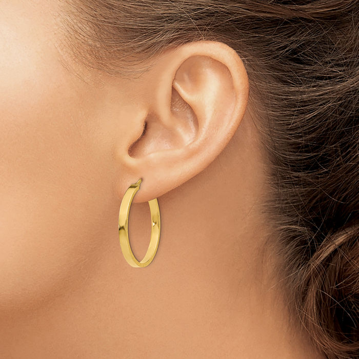 10K Solid Yellow Gold Edge 3mm Round Medium Hoop Earrings