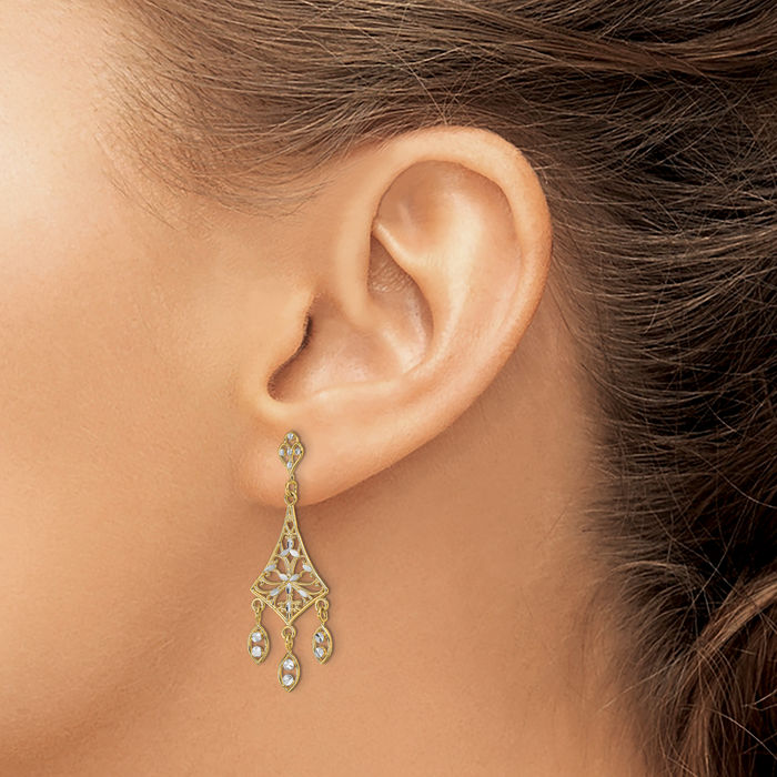 10K Solid Yellow Gold Antique Filigree Chandelier Drop Dangle Earrings