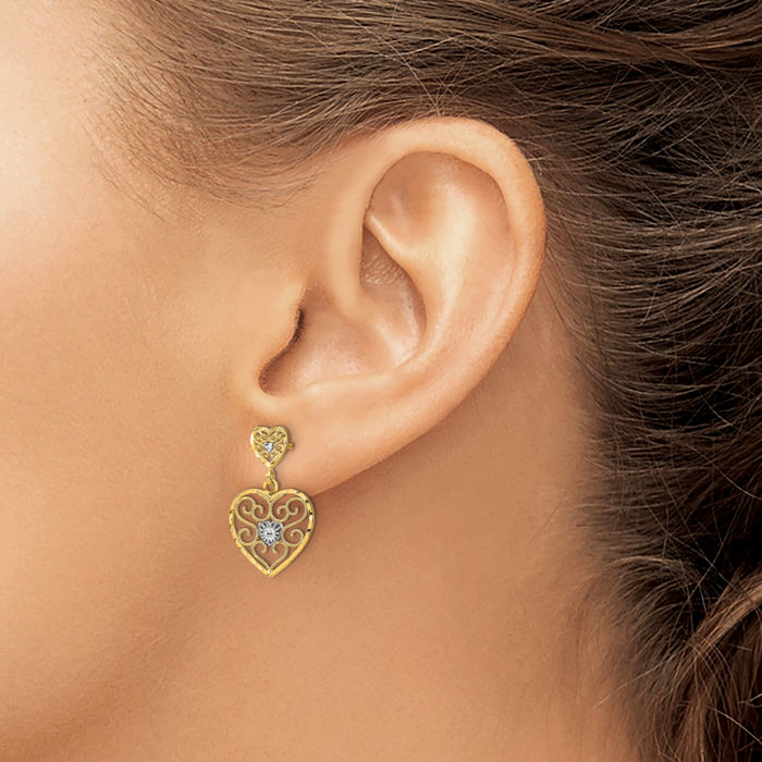 10K Solid Yellow Gold Heart Beaded Antique Filigree Drop Dangle Earrings