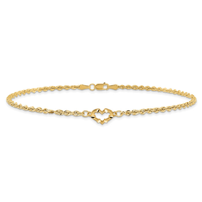 10K Solid Yellow Gold Heart Rope Chain Anklet Summer Beach Foot Ankle Bracelet