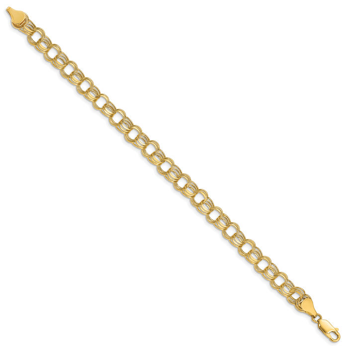 10K Solid Yellow Gold Lite 7mm Triple Link Chain Charm Bracelet