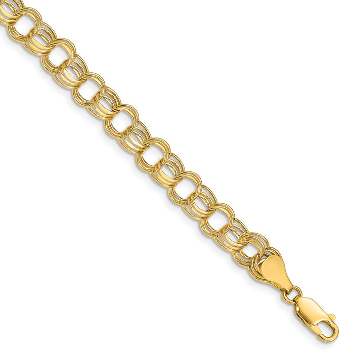 10K Solid Yellow Gold Lite 7mm Triple Link Chain Charm Bracelet