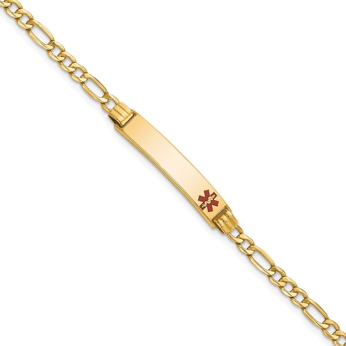 10K Solid Yellow Gold Medical Alert Figaro Link Name Bar Identification ID Bracelet