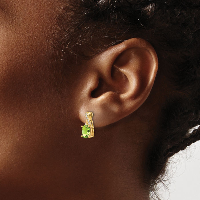 10K Solid Yellow Gold Green Peridot Diamond Drop Dangle Earrings August Birthstone Jewelry