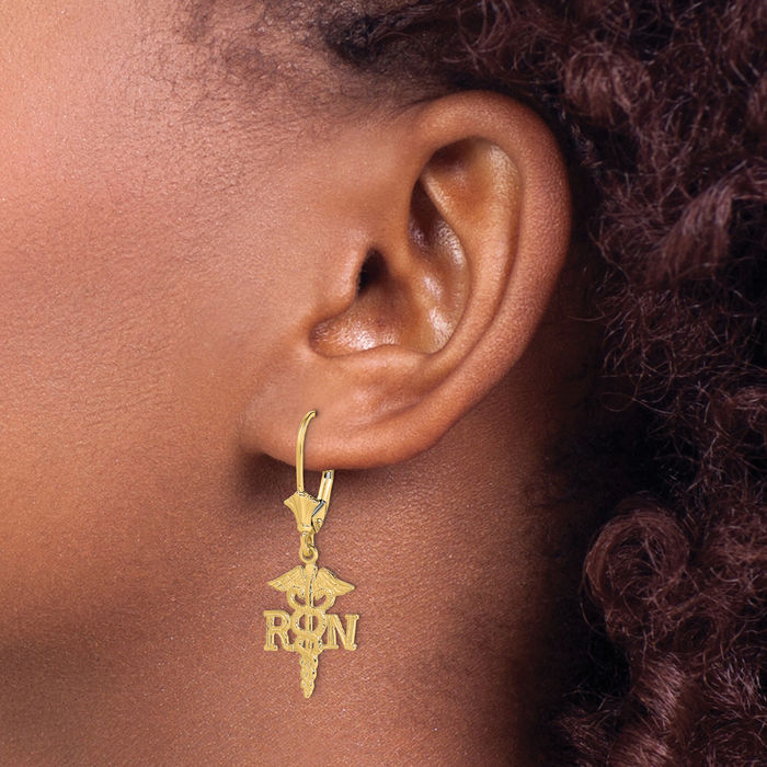 10K Solid Yellow Gold Rn Caduceus Drop Dangle Earrings