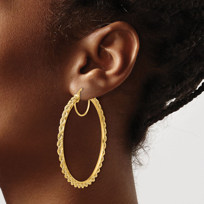 10K Solid Yellow Gold Rope 2.95mm Round Hoop Earrings