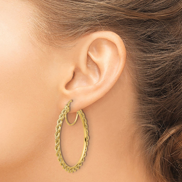 10K Solid Yellow Gold Rope 2.95mm Round Hoop Earrings
